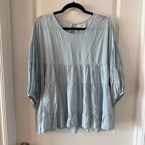 Melloday Tiered Flowy Light Blue Women's Top Balloon Sleeves Size L Boho Peasant